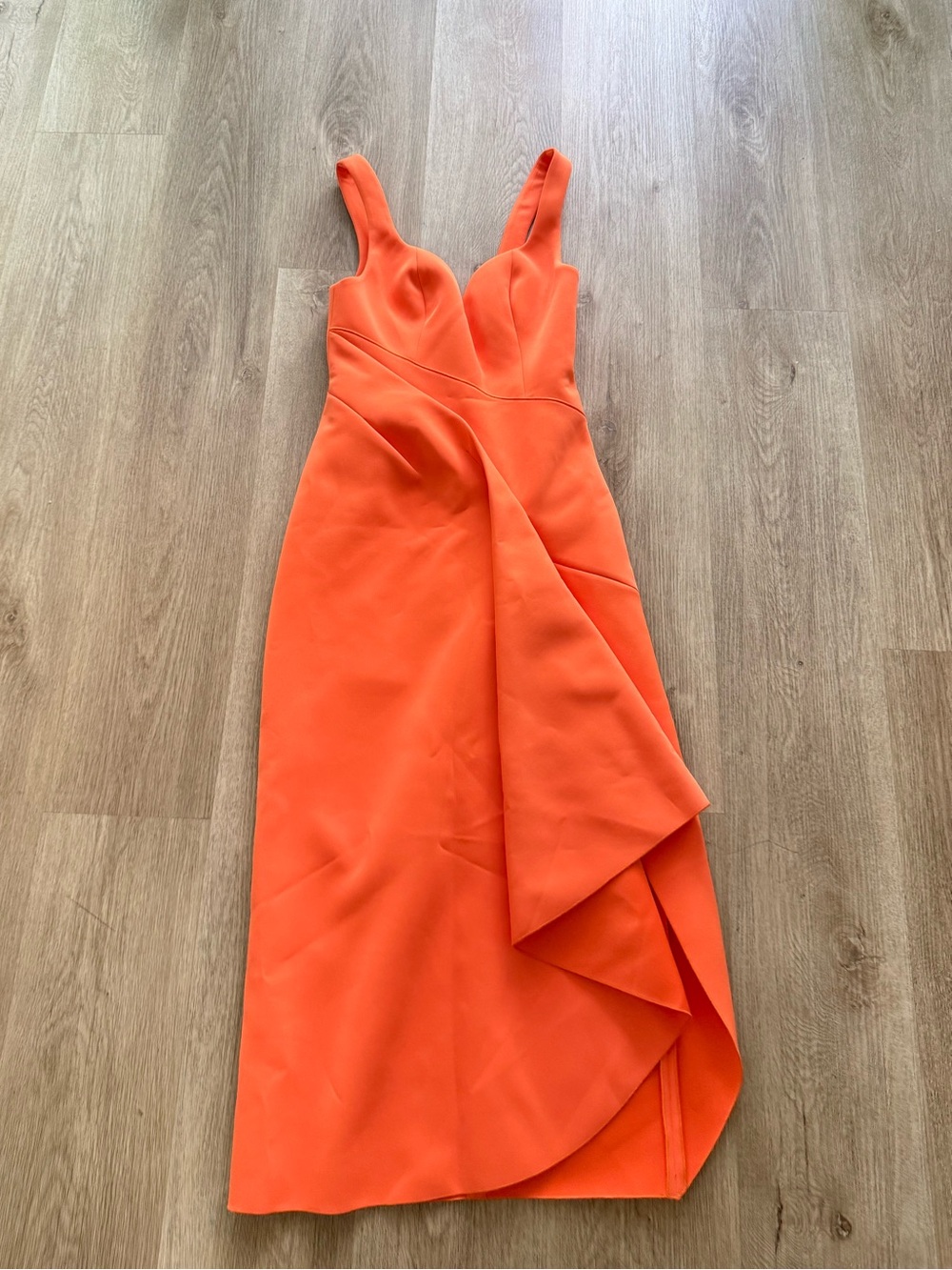 acler gowrie orange draped plunging v-neck asymmetric hem midi dress size XS NEW